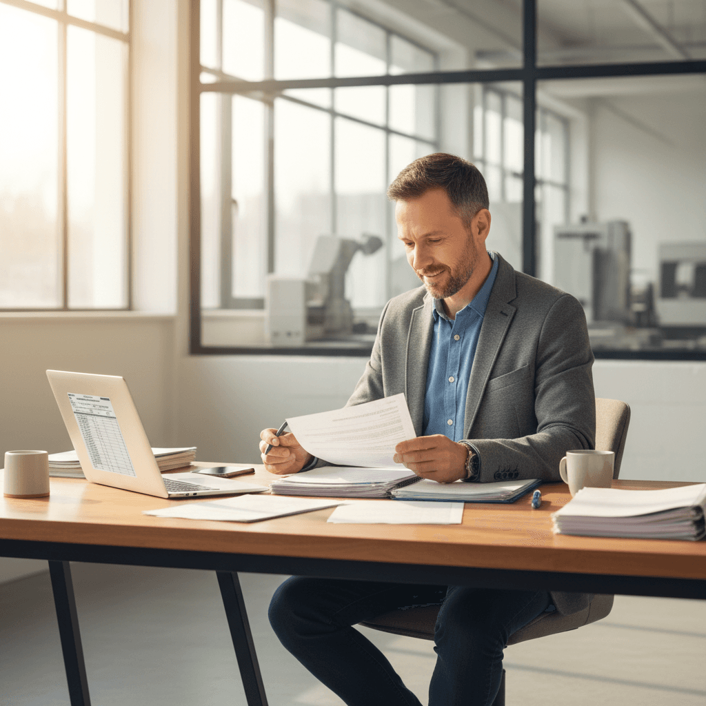 Authentic documentary style medium shot of a European manufacturer reviewing compliance documentation