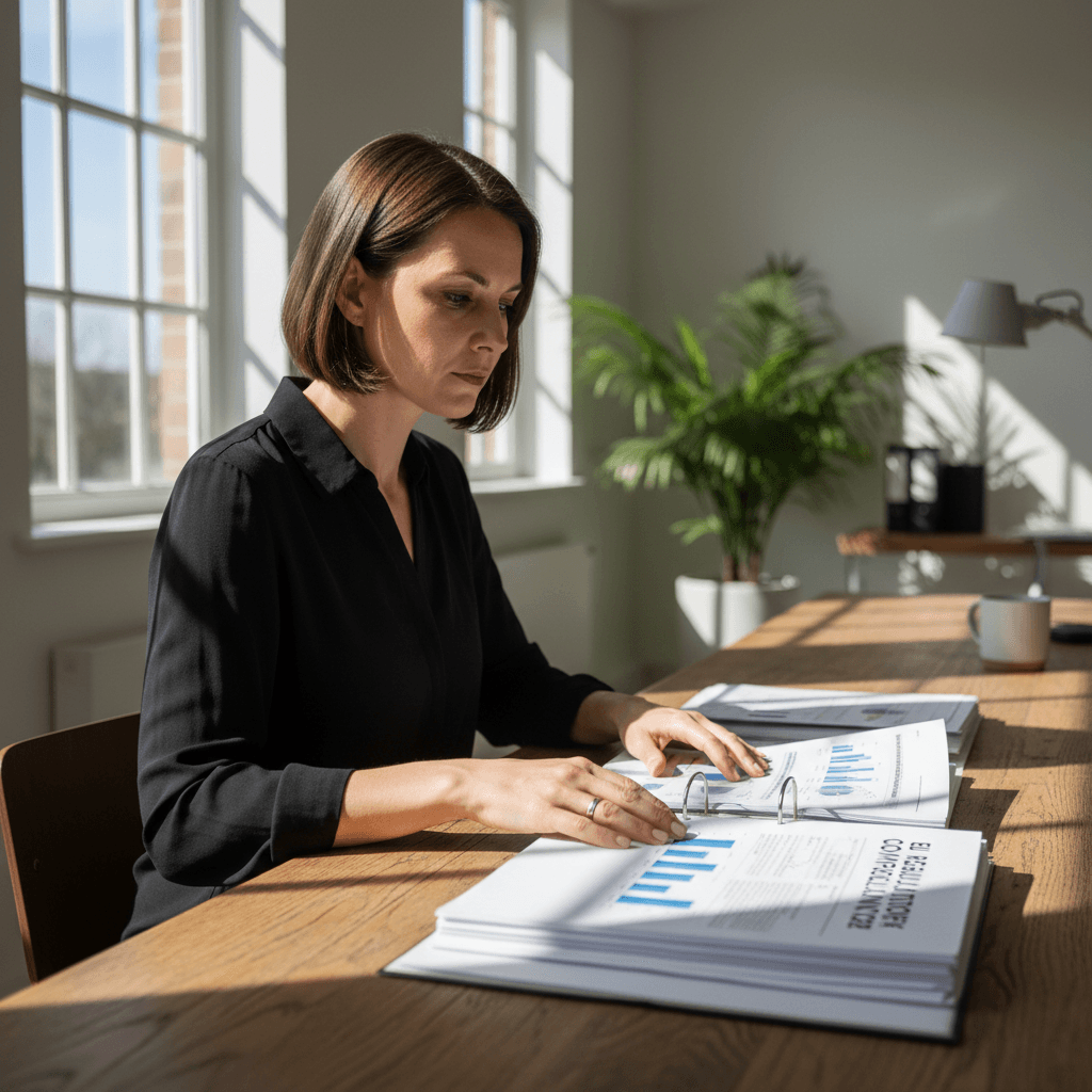 Manufacturer reviewing compliance documentation for cross-border commerce