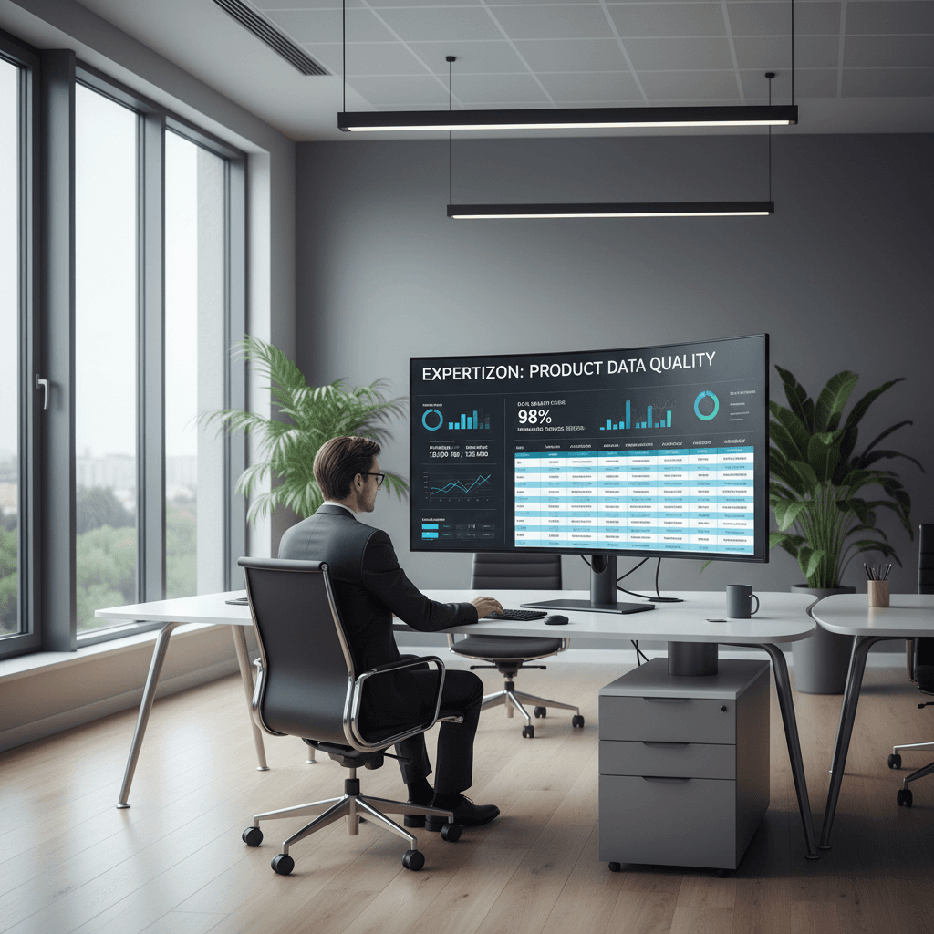 Professional analyzing product data on a computer in a bright office.