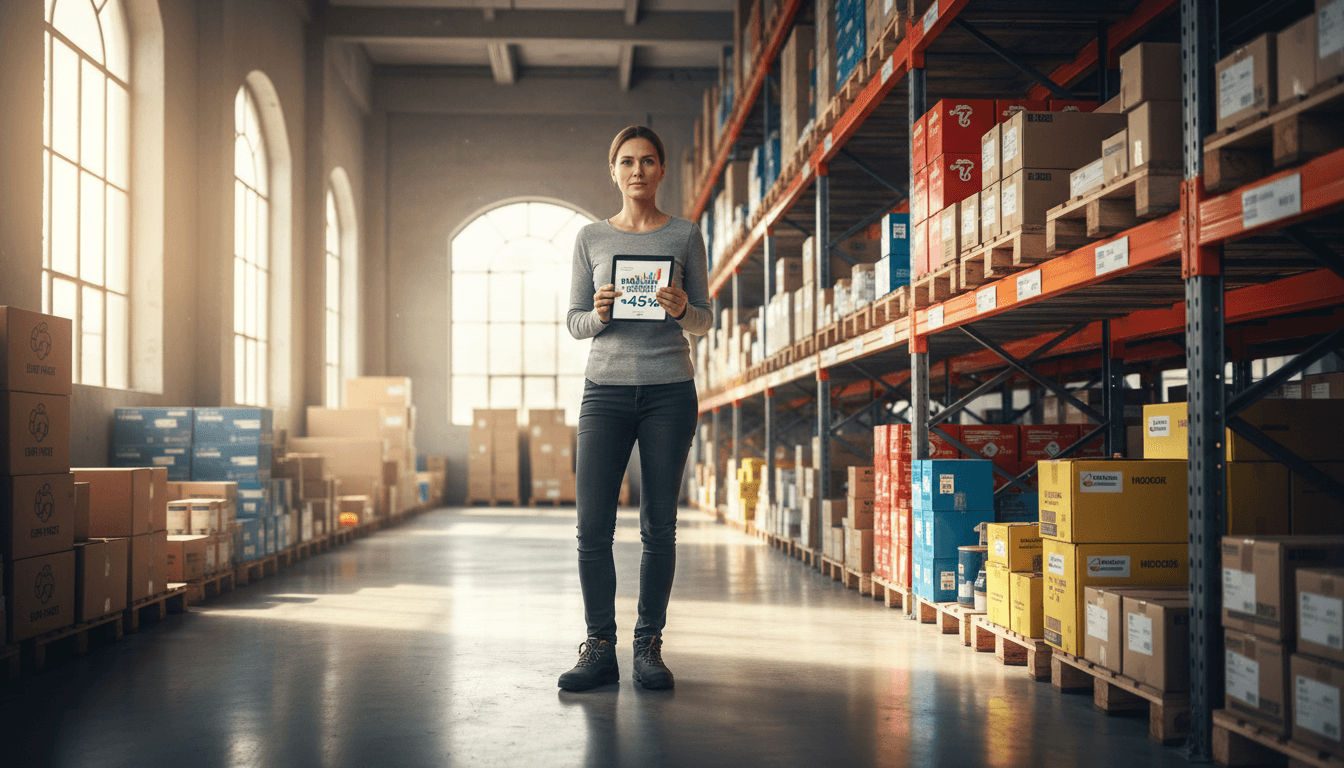 European supplier reviewing products and marketplace data in a modern warehouse