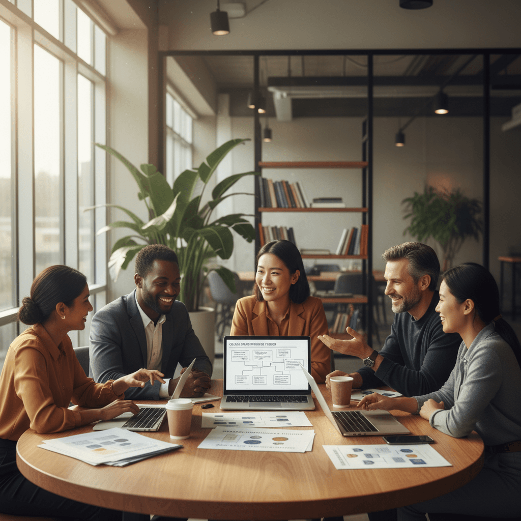 Warm, collaborative aesthetic medium shot of diverse professionals in a modern meeting space
