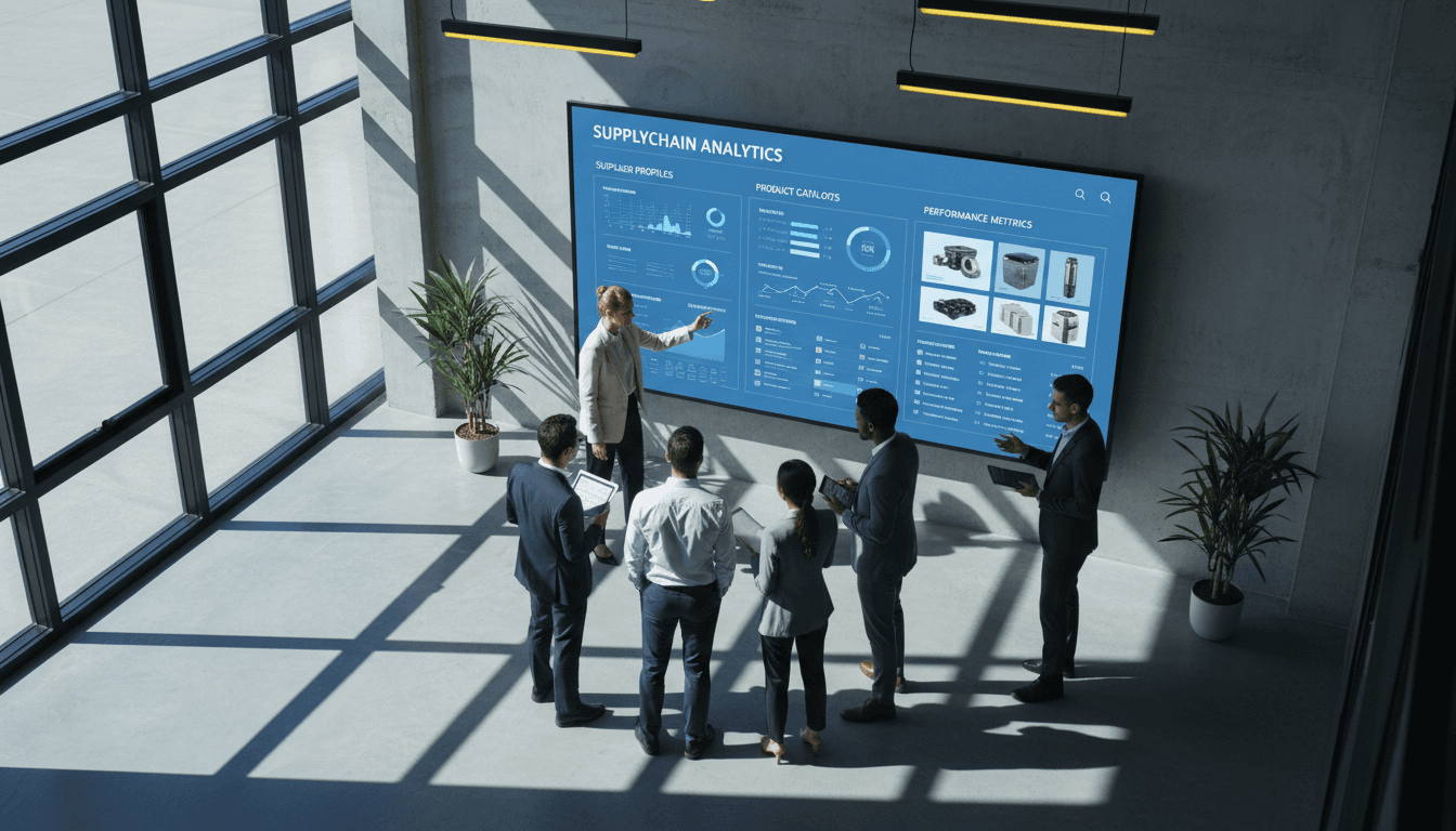 Marketplace operators reviewing verified supplier data on a digital dashboard