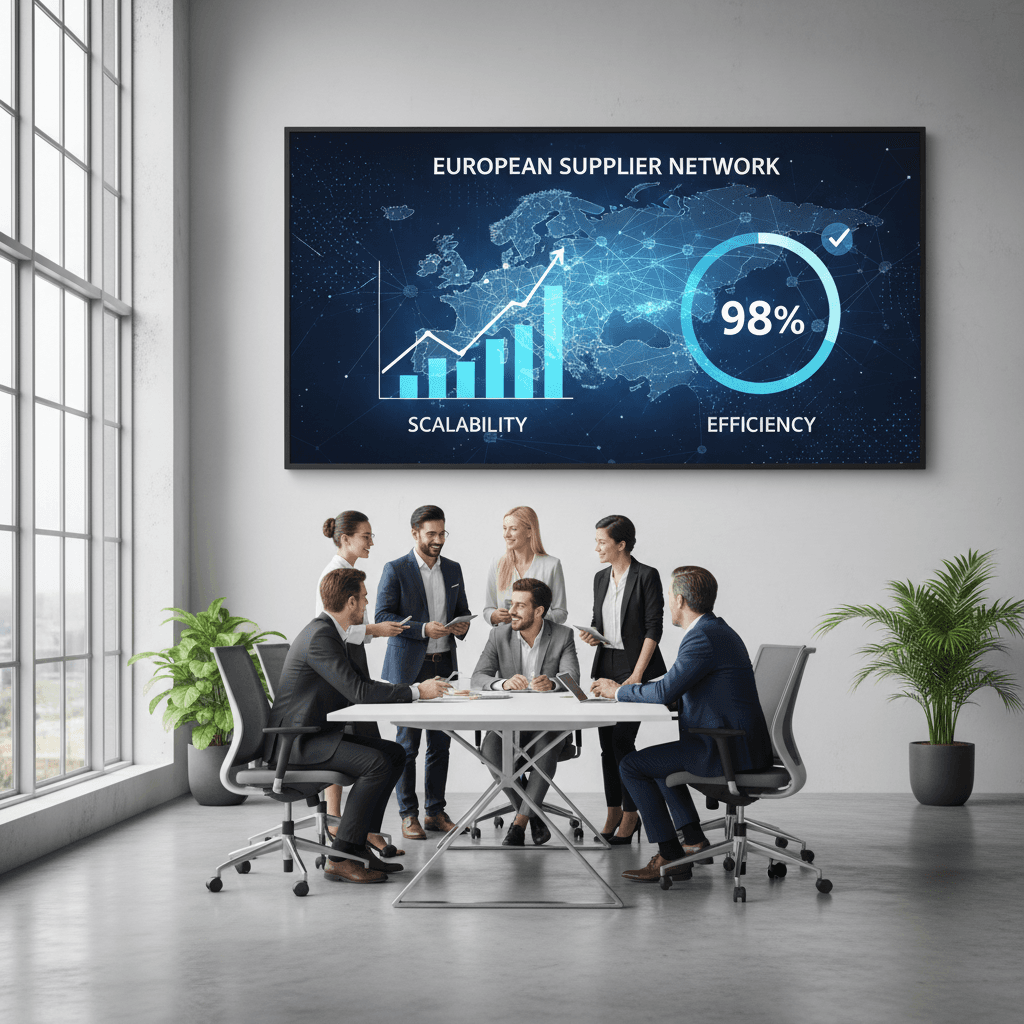 Digital dashboard displays European supplier networks in a bright, modern office.