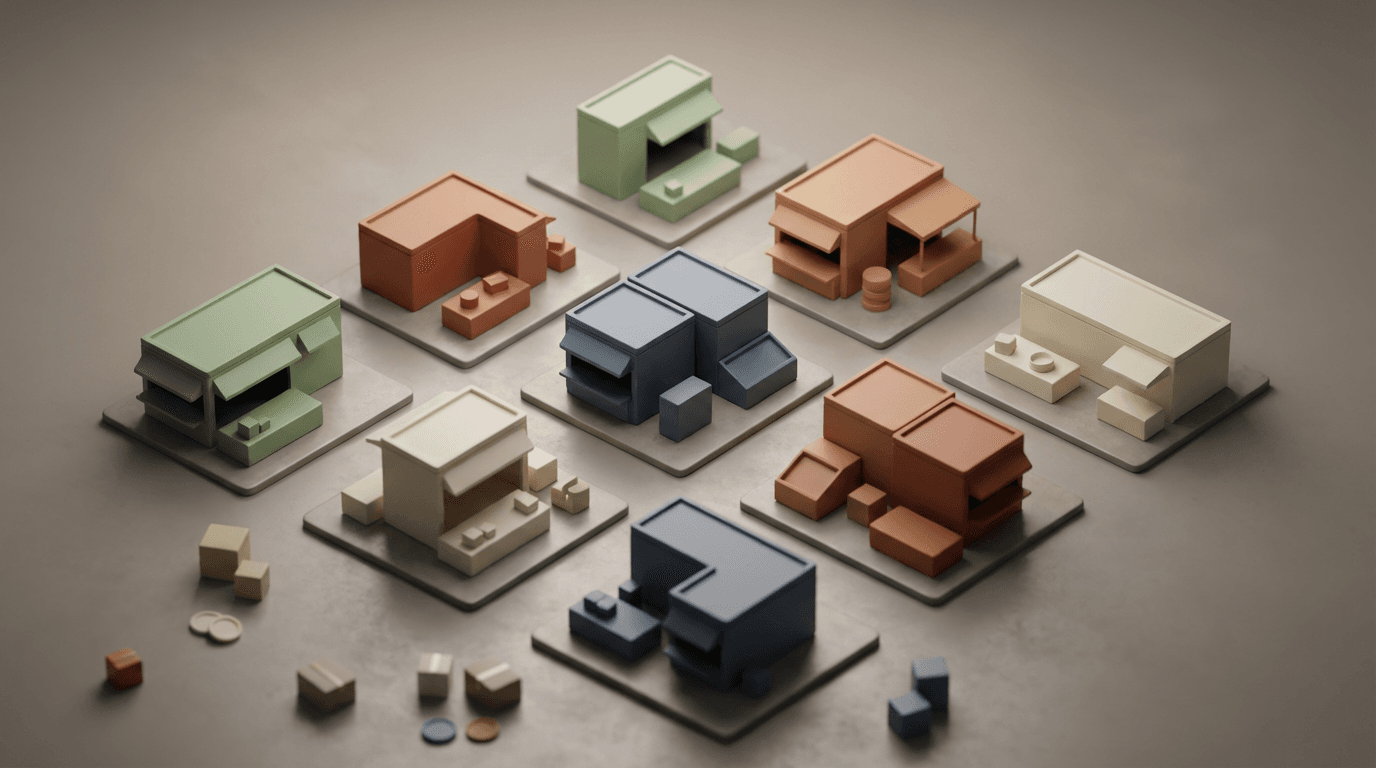 Isometric 3D marketplace grid with organized vendor nodes in soft colors and studio lighting.